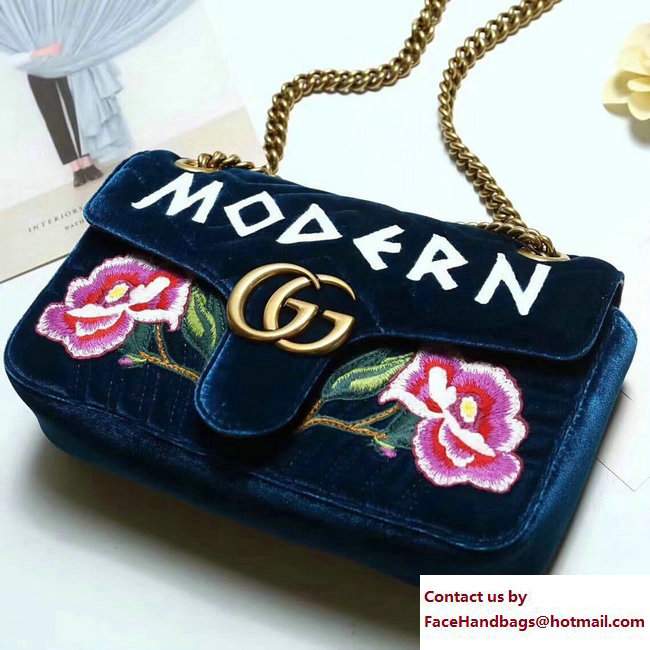 Gucci GG Marmont Chevron Velvet Small Chain Shoulder Bag 443497 Embroidered Modern And Rose Blue 2017 - Click Image to Close