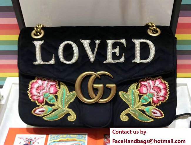 Gucci GG Marmont Embroidered Loved And Floral Velvet Chevron Medium Shoulder Bag 443496 Black 2017 - Click Image to Close