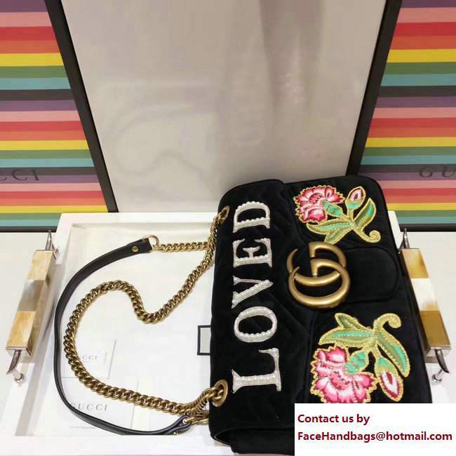 Gucci GG Marmont Embroidered Loved And Floral Velvet Chevron Medium Shoulder Bag 443496 Black 2017