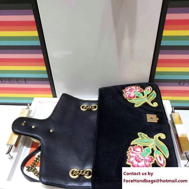 Gucci GG Marmont Embroidered Loved And Floral Velvet Chevron Medium Shoulder Bag 443496 Black 2017 - Click Image to Close