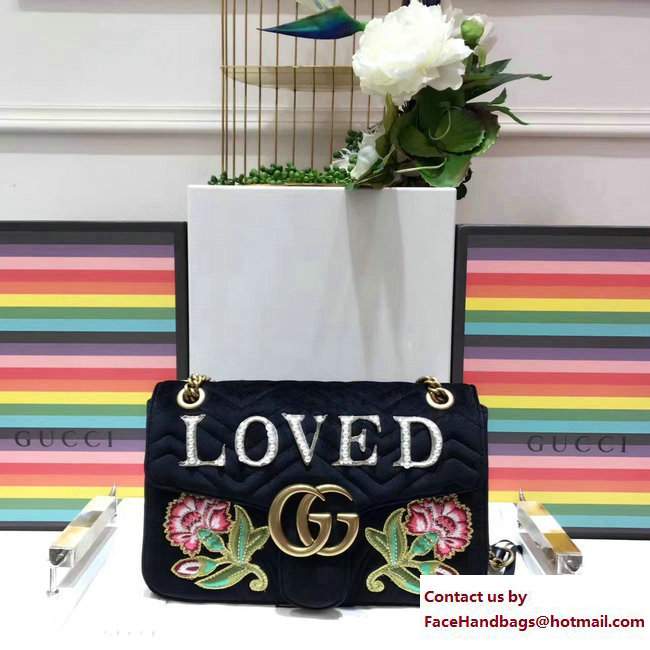 Gucci GG Marmont Embroidered Loved And Floral Velvet Chevron Medium Shoulder Bag 443496 Black 2017