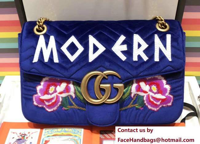 Gucci GG Marmont Embroidered Modern And Rose Velvet Chevron Medium Shoulder Bag 443496 Blue 2017