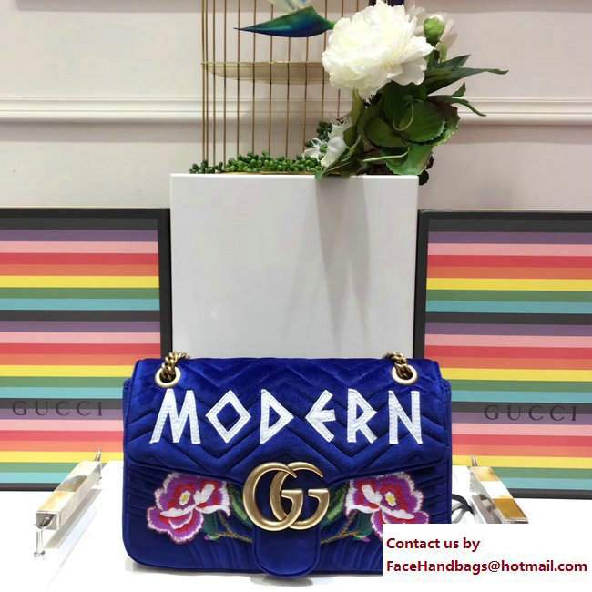 Gucci GG Marmont Embroidered Modern And Rose Velvet Chevron Medium Shoulder Bag 443496 Blue 2017 - Click Image to Close