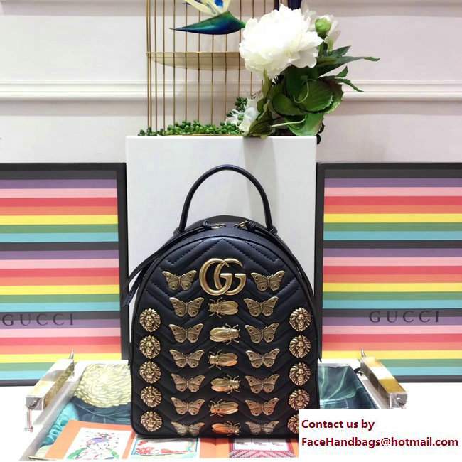 Gucci GG Marmont Metal Animal Insects Studs Leather Backpack Bag 476671 Black 2017