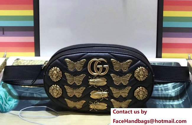 Gucci GG Marmont Metal Animal Insects Studs Leather Belt Bag 491294 Black 2017 - Click Image to Close