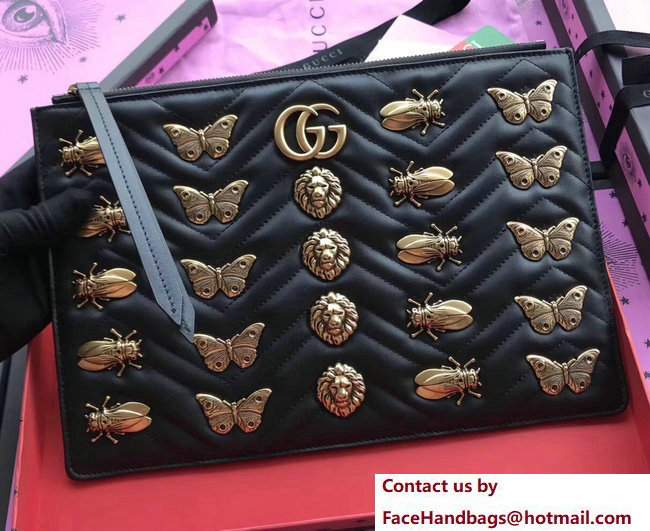 Gucci GG Marmont Metal Animal Insects Studs Leather Pouch Clutch Bag 476440 Black 2017 - Click Image to Close