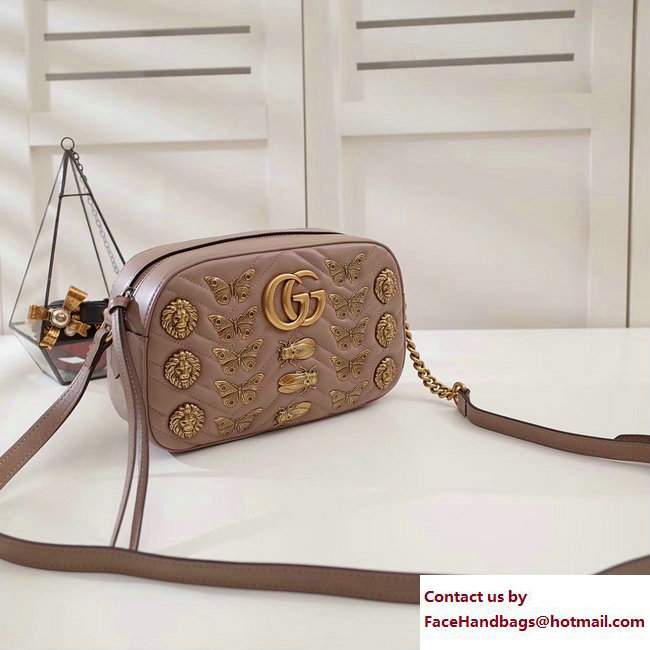 Gucci GG Marmont Metal Animal Insects Studs Shoulder Small Bag 447632 Apricot 2017 - Click Image to Close