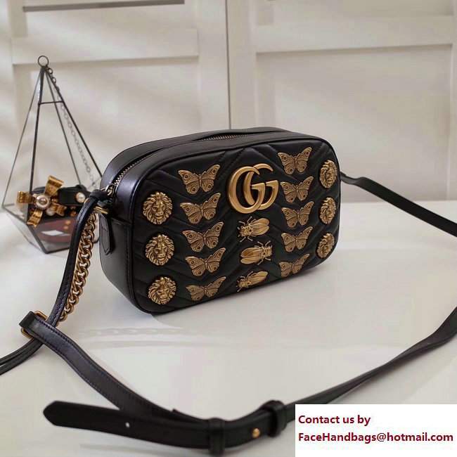 Gucci GG Marmont Metal Animal Insects Studs Shoulder Small Bag 447632 Black 2017