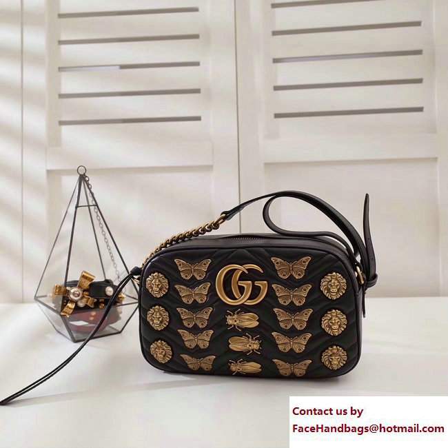 Gucci GG Marmont Metal Animal Insects Studs Shoulder Small Bag 447632 Black 2017 - Click Image to Close