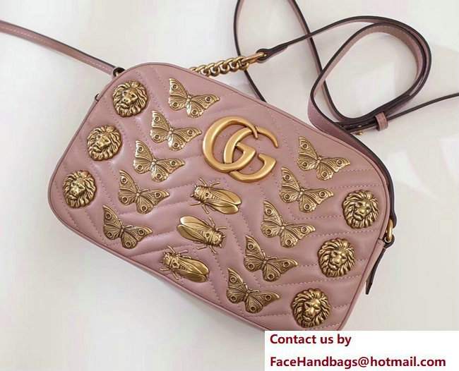Gucci GG Marmont Metal Animal Insects Studs Shoulder Small Bag 447632 Nude Pink 2017 - Click Image to Close