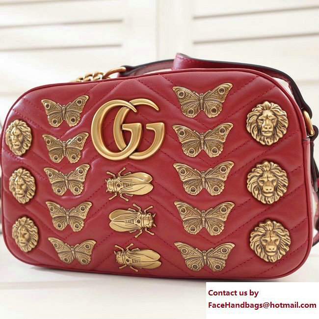 Gucci GG Marmont Metal Animal Insects Studs Shoulder Small Bag 447632 Red 2017 - Click Image to Close