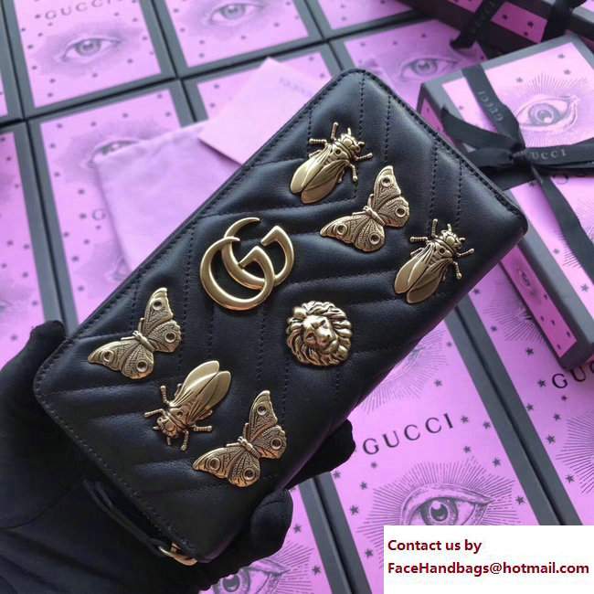 Gucci GG Marmont Metal Animal Insects Studs Zip Around Wallet 443123 Black 2017 - Click Image to Close