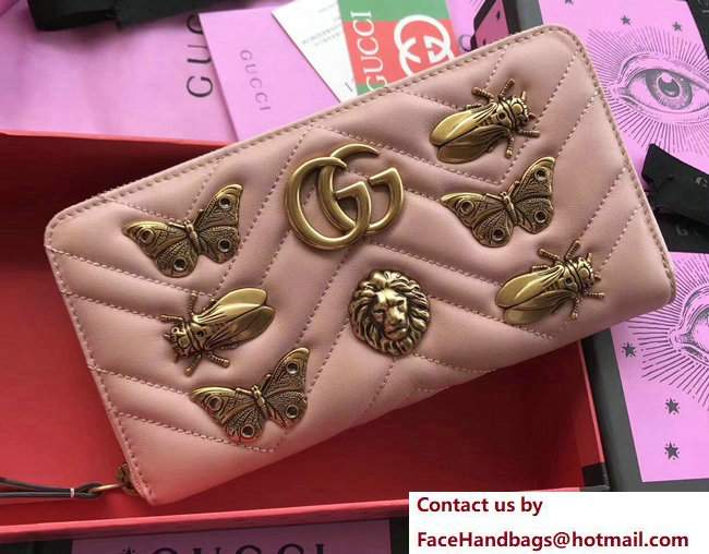 Gucci GG Marmont Metal Animal Insects Studs Zip Around Wallet 443123 Nude Pink 2017