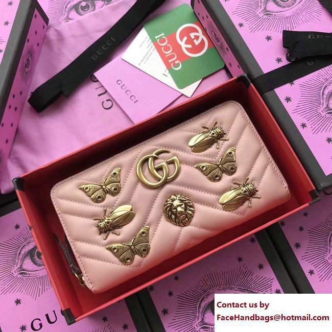 Gucci GG Marmont Metal Animal Insects Studs Zip Around Wallet 443123 Nude Pink 2017 - Click Image to Close