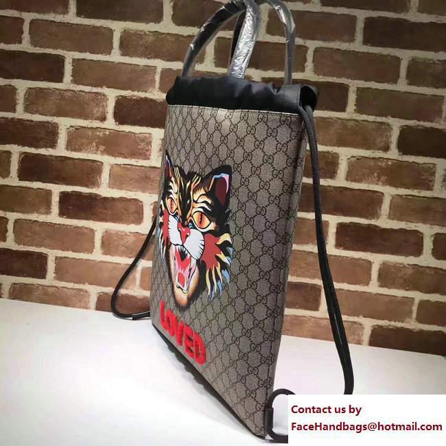 Gucci GG Supreme Drawstring Backpack Bag 473872 Embroidered Loved Angry Cat 2017 - Click Image to Close