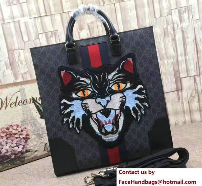 Gucci GG Supreme Tote Bag with Embroidered Angry Cat 478326 2017