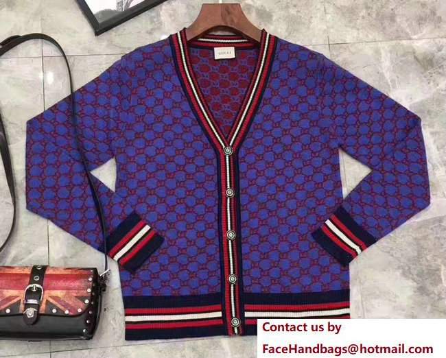 Gucci GG Web Cardigan Blue/Red 2017 - Click Image to Close