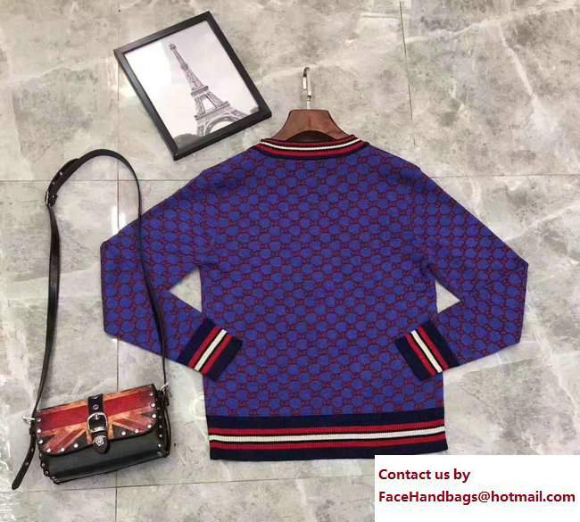 Gucci GG Web Cardigan Blue/Red 2017 - Click Image to Close