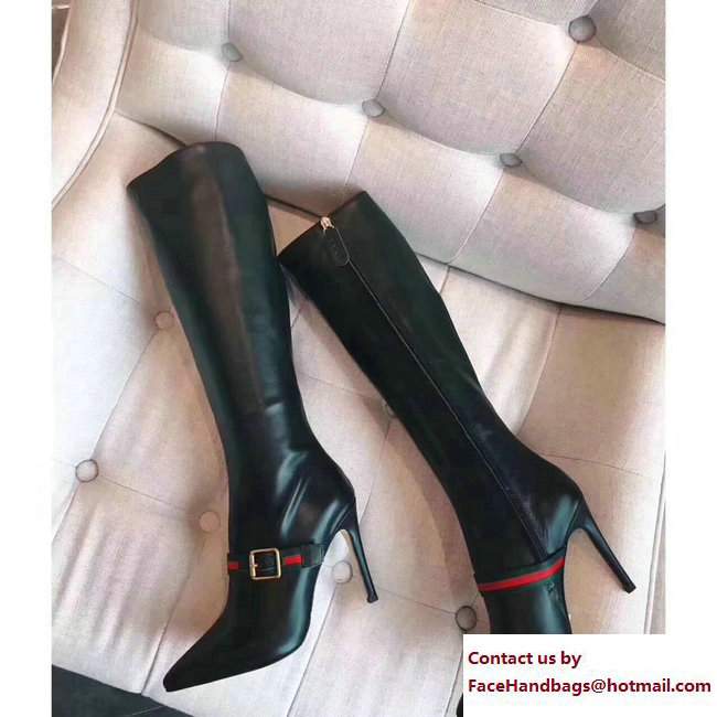 Gucci Heel 10cm Sylvie Web Leather Knee Boots 475650 Black 2017