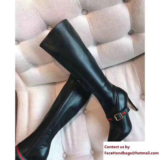 Gucci Heel 10cm Sylvie Web Leather Knee Boots 475650 Black 2017 - Click Image to Close