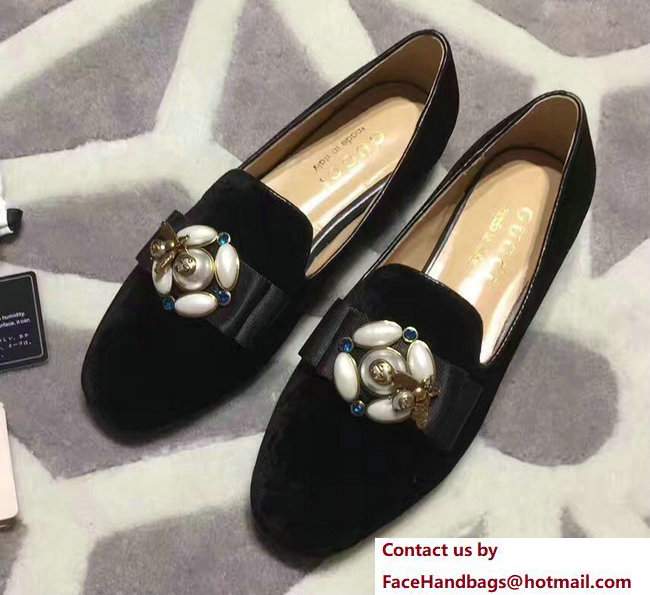 Gucci Heel 3cm Pearl And Bee Velvet Ballet Loafers 474491 Black 2017 - Click Image to Close