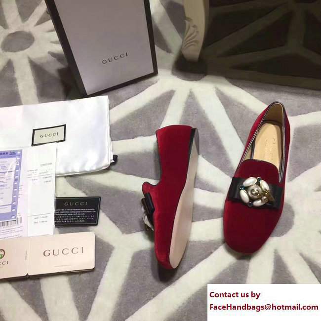 Gucci Heel 3cm Pearl And Bee Velvet Ballet Loafers 474491 Dark Red 2017 - Click Image to Close