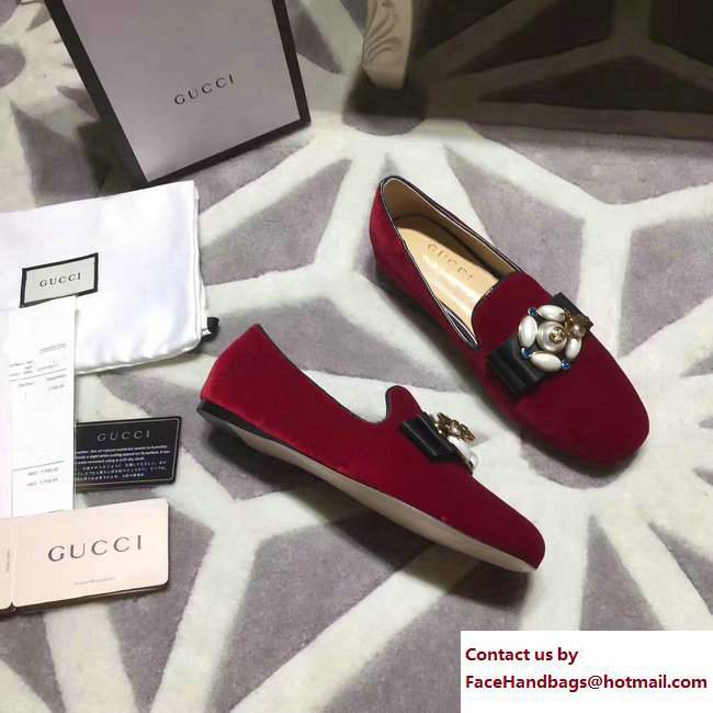 Gucci Heel 3cm Pearl And Bee Velvet Ballet Loafers 474491 Dark Red 2017