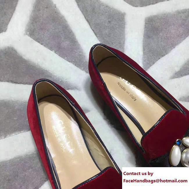 Gucci Heel 3cm Pearl And Bee Velvet Ballet Loafers 474491 Dark Red 2017 - Click Image to Close