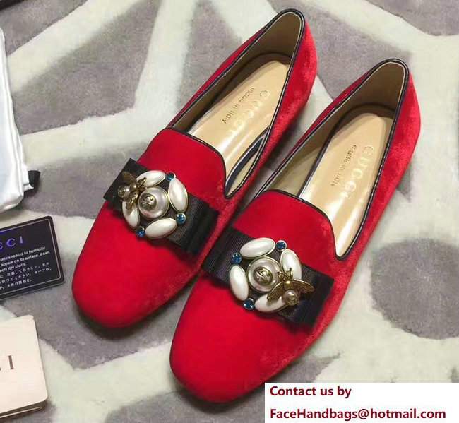 Gucci Heel 3cm Pearl And Bee Velvet Ballet Loafers 474491 Red 2017 - Click Image to Close