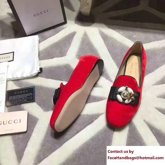 Gucci Heel 3cm Pearl And Bee Velvet Ballet Loafers 474491 Red 2017