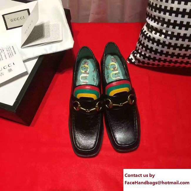 Gucci Heel 5.5cm Flower and Bee Square Toe Horsebit Loafers Black/Red/Green/Yellow 2017 - Click Image to Close