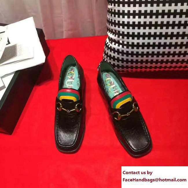 Gucci Heel 5.5cm Flower and Bee Square Toe Horsebit Loafers Black/Red/Green/Yellow 2017