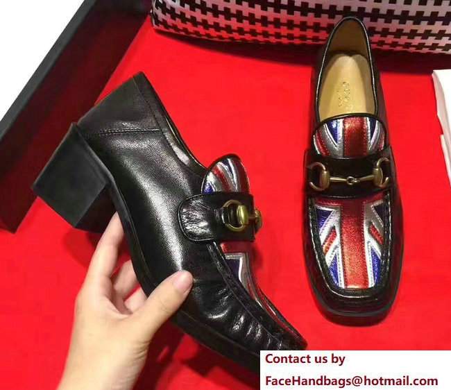 Gucci Heel 5.5cm Square Toe Horsebit Loafers 452773 Union Jack 2017 - Click Image to Close