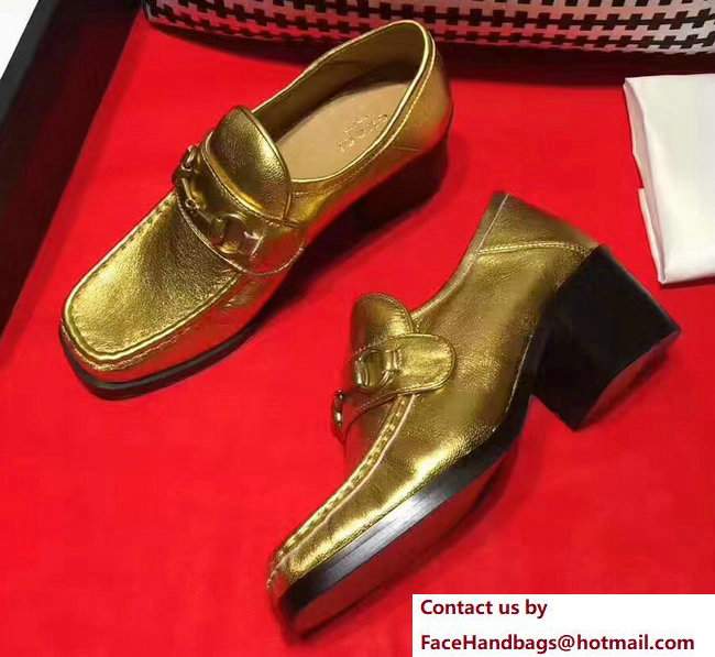 Gucci Heel 5.5cm Square Toe Horsebit Loafers 460118 Metallic Gold 2017 - Click Image to Close