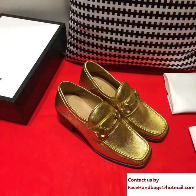 Gucci Heel 5.5cm Square Toe Horsebit Loafers 460118 Metallic Gold 2017