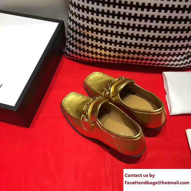 Gucci Heel 5.5cm Square Toe Horsebit Loafers 460118 Metallic Gold 2017