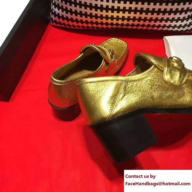 Gucci Heel 5.5cm Square Toe Horsebit Loafers 460118 Metallic Gold 2017 - Click Image to Close