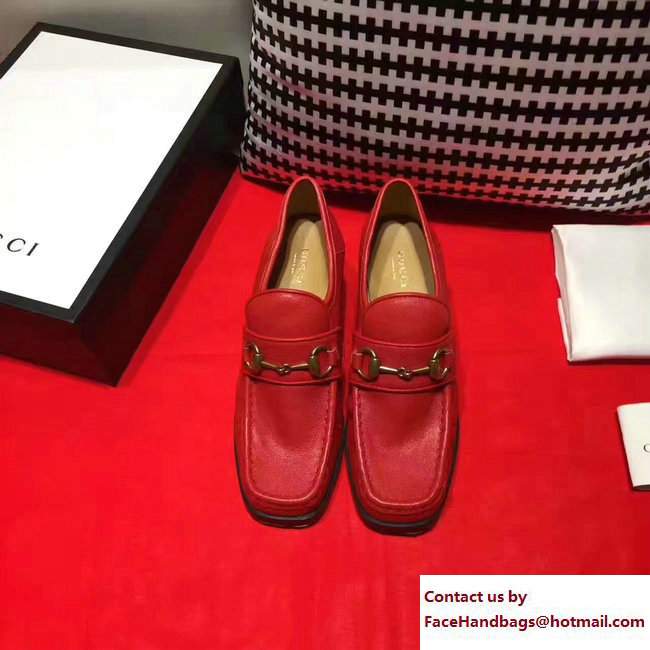 Gucci Heel 5.5cm Square Toe Horsebit Loafers 460118 Red 2017 - Click Image to Close