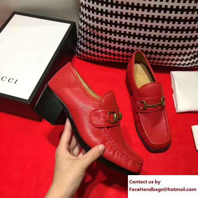 Gucci Heel 5.5cm Square Toe Horsebit Loafers 460118 Red 2017 - Click Image to Close