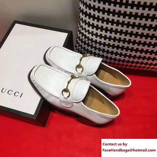 Gucci Heel 5.5cm Square Toe Horsebit Loafers 460118 White 2017 - Click Image to Close