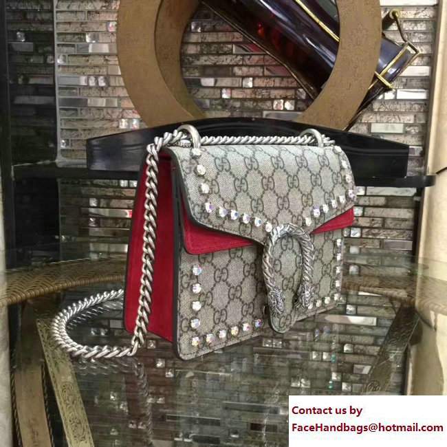 Gucci Mini Dionysus Crystal GG Supreme Canvas Shoulder Bag 421970 Red 2017