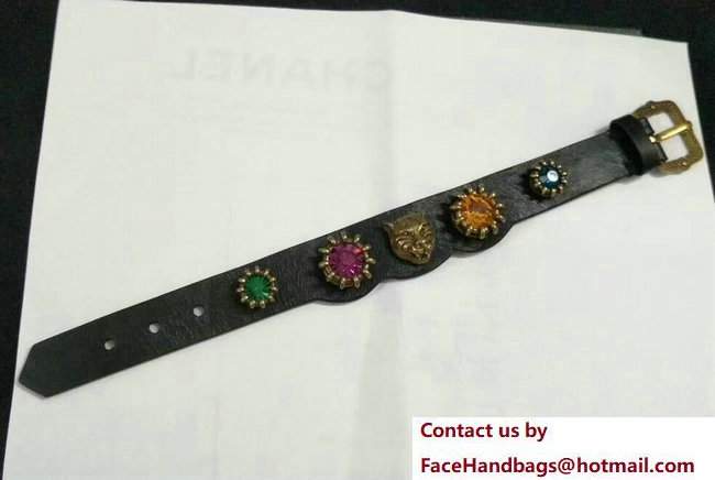 Gucci Multicolor Crystal Studs And Feline Head Leather Bracelet