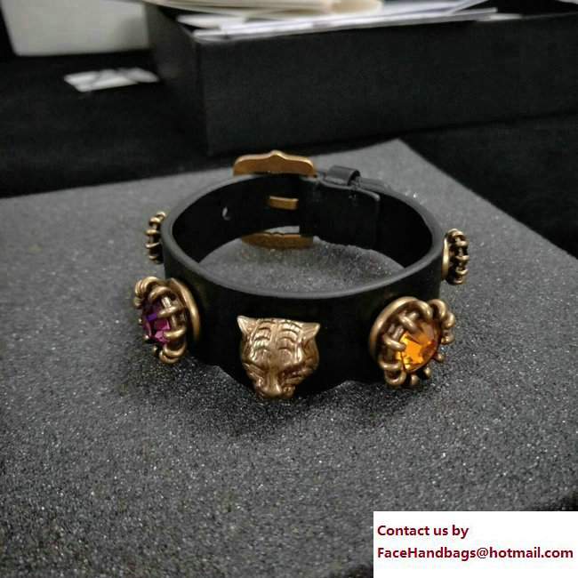 Gucci Multicolor Crystal Studs And Feline Head Leather Bracelet