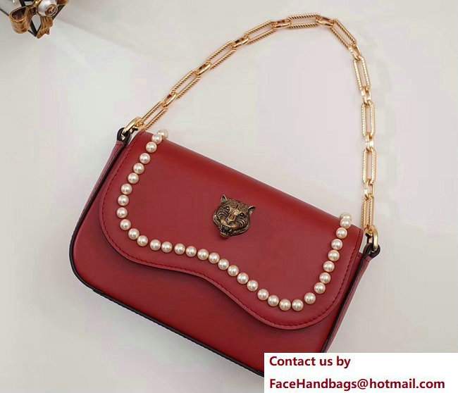 Gucci Pearl Embellished Tiger Broadway Chain Shoulder Bag 476804 Red 2017 - Click Image to Close
