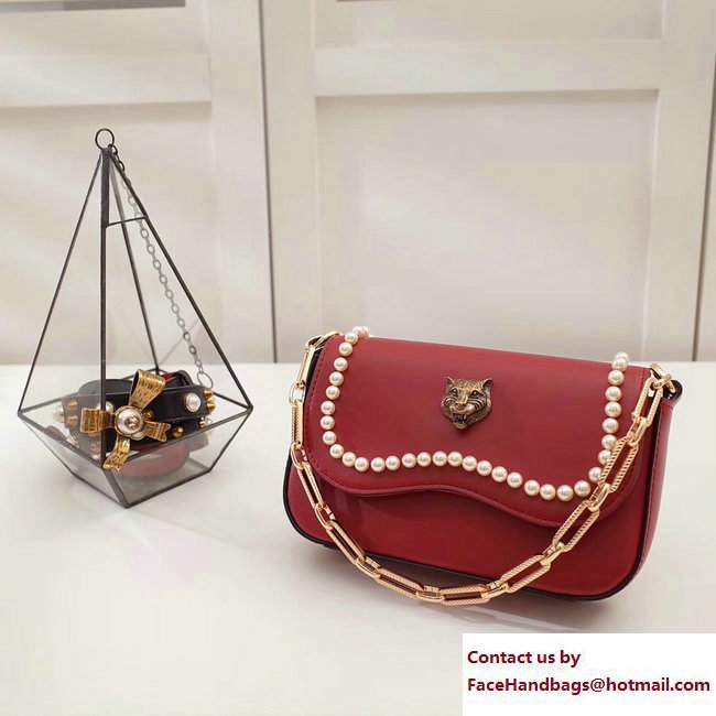 Gucci Pearl Embellished Tiger Broadway Chain Shoulder Bag 476804 Red 2017 - Click Image to Close