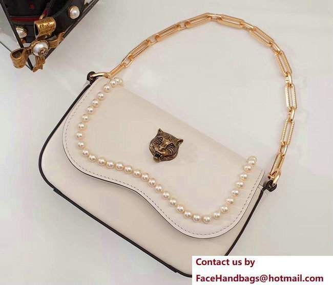 Gucci Pearl Embellished Tiger Broadway Chain Shoulder Bag 476804 White 2017