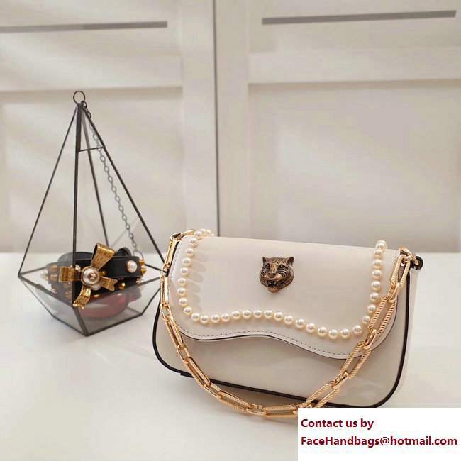 Gucci Pearl Embellished Tiger Broadway Chain Shoulder Bag 476804 White 2017 - Click Image to Close