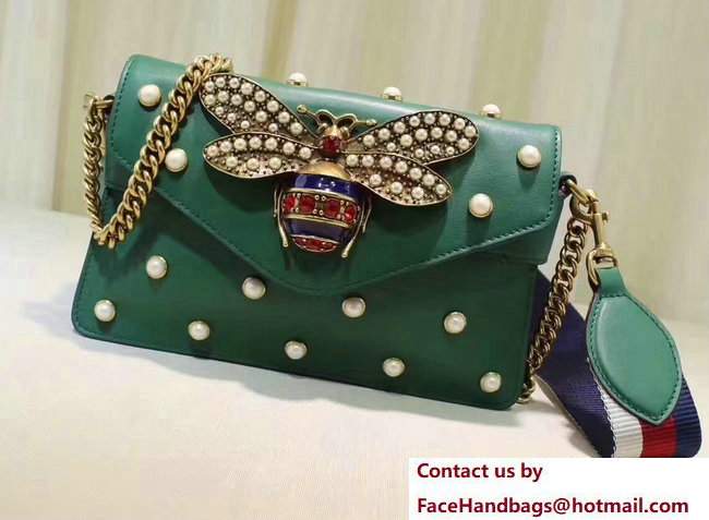 Gucci Pearl Studs And Metal Bee Broadway Leather Chain Clutch Bag 453778 green 2017