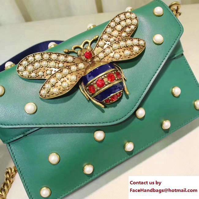 Gucci Pearl Studs And Metal Bee Broadway Leather Chain Clutch Bag 453778 green 2017 - Click Image to Close
