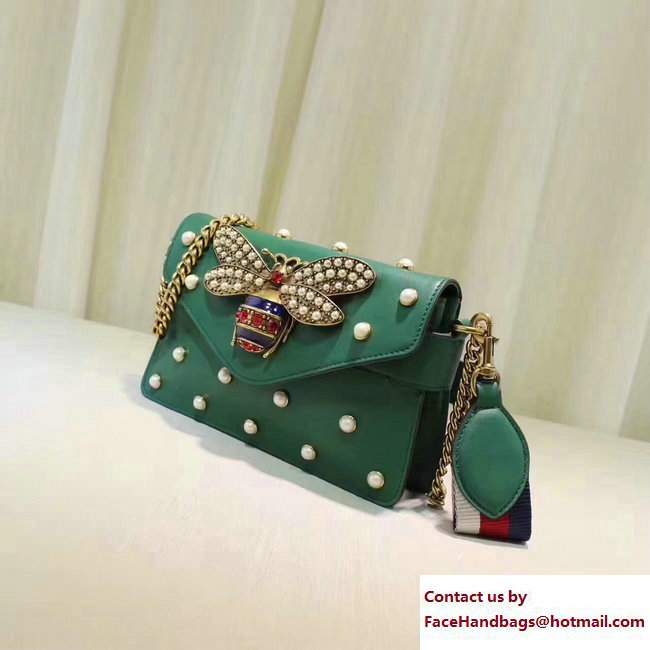 Gucci Pearl Studs And Metal Bee Broadway Leather Chain Clutch Bag 453778 green 2017